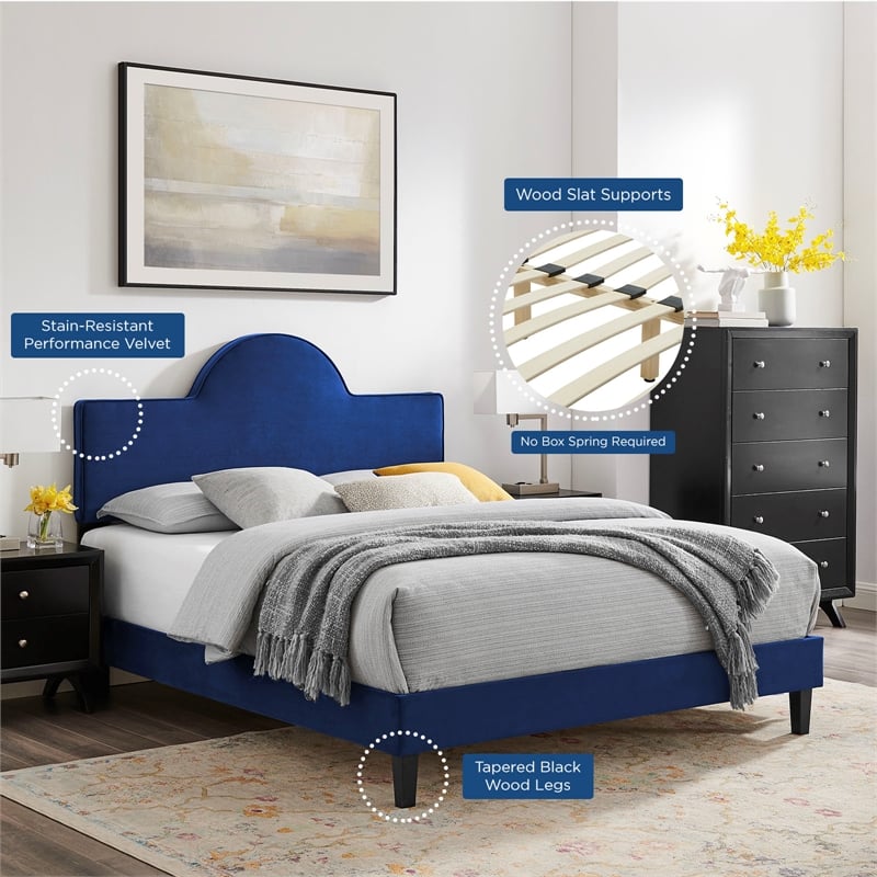 Pemberly Row Performance Velvet King Bed in Navy With Tapered Wood Legs