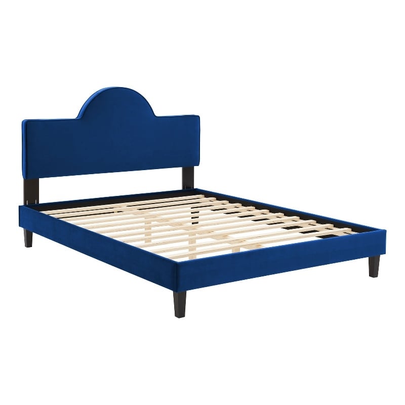Pemberly Row Performance Velvet King Bed in Navy With Tapered Wood Legs