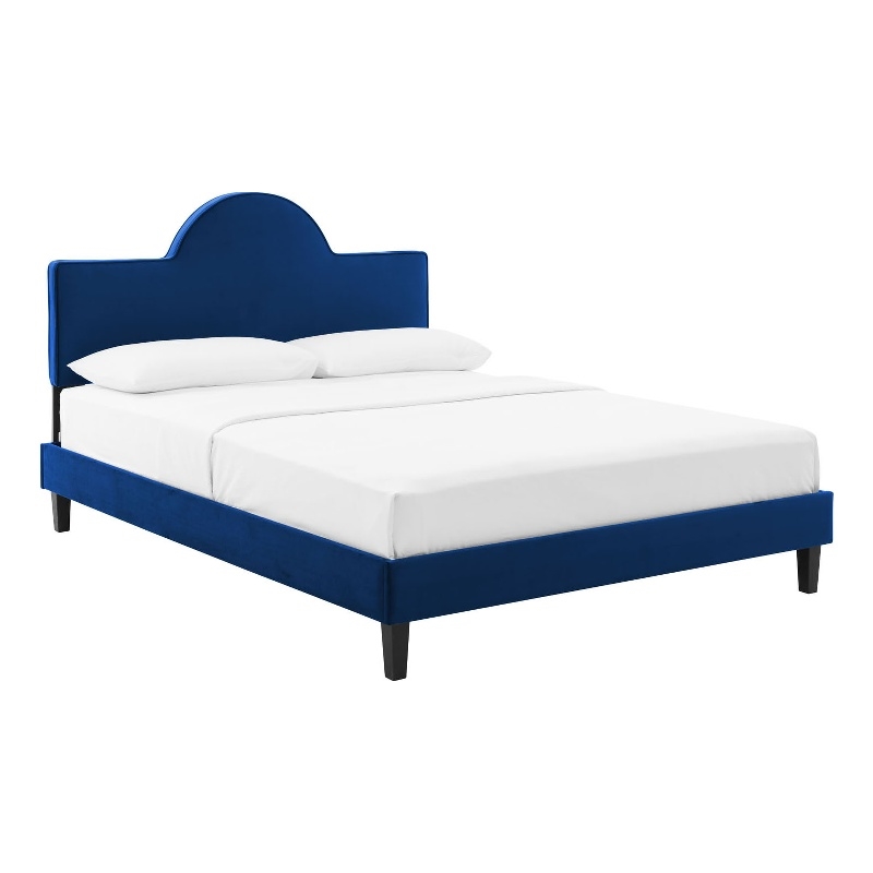 Pemberly Row Performance Velvet King Bed in Navy With Tapered Wood Legs