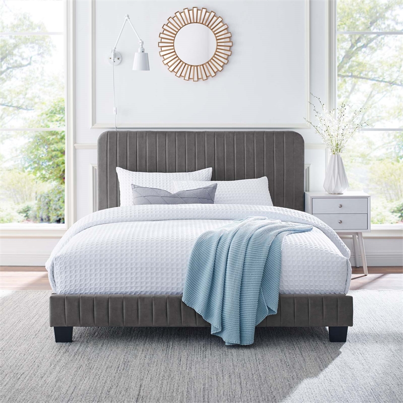Pemberly Row Channel Tufted Velvet Full Platform Bed in Gray