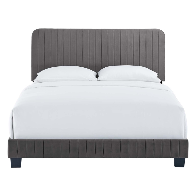 Pemberly Row Channel Tufted Velvet Full Platform Bed in Gray