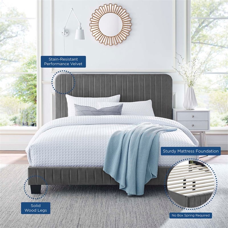 Pemberly Row Channel Tufted Velvet Full Platform Bed in Gray