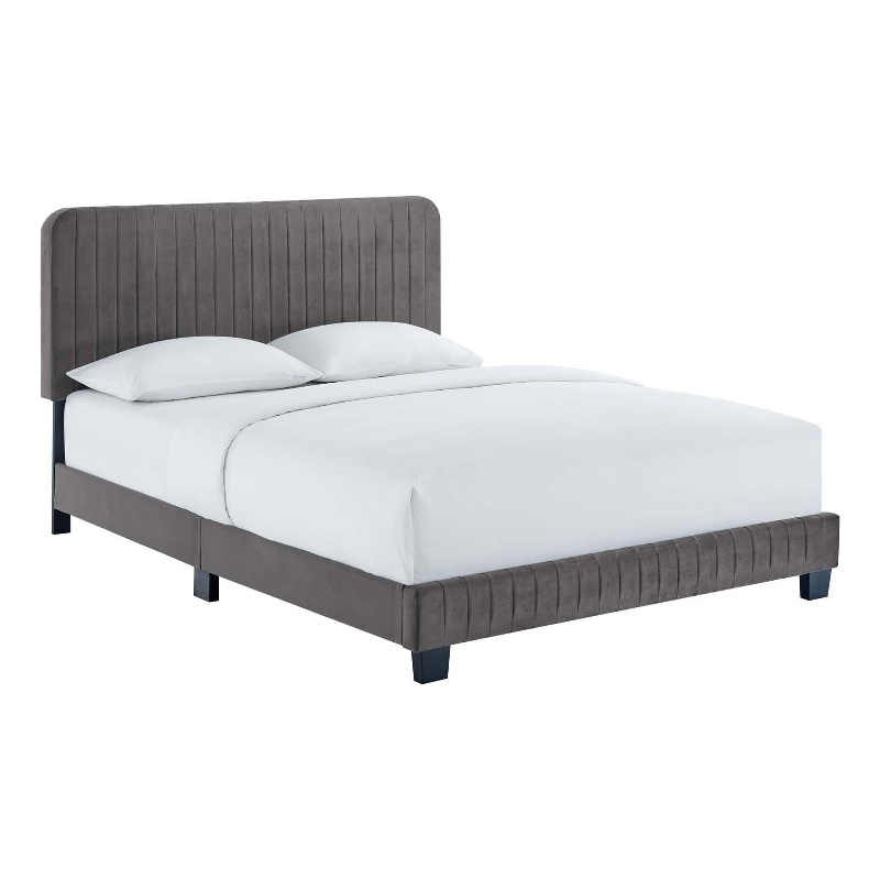 Pemberly Row Channel Tufted Velvet Full Platform Bed in Gray