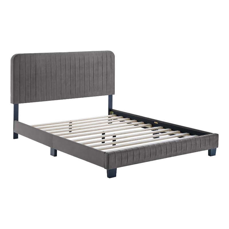 Pemberly Row Channel Tufted Velvet Full Platform Bed in Gray