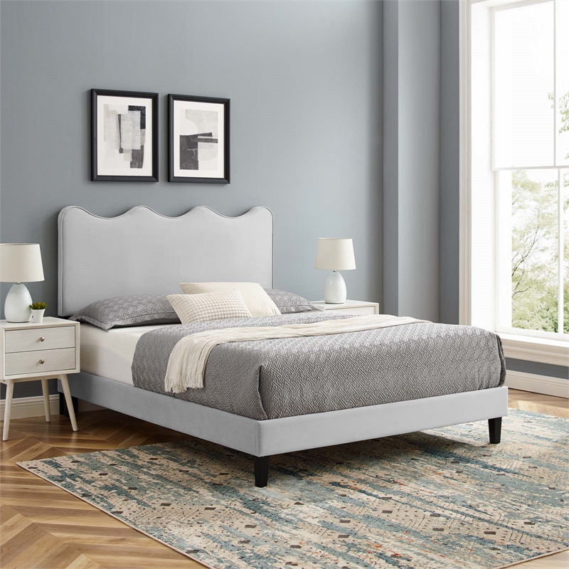 Pemberly Row Modern Velvet Twin Platform Bed in Light Gray