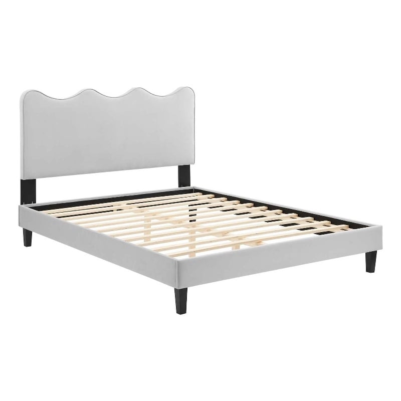 Pemberly Row Modern Velvet Twin Platform Bed in Light Gray