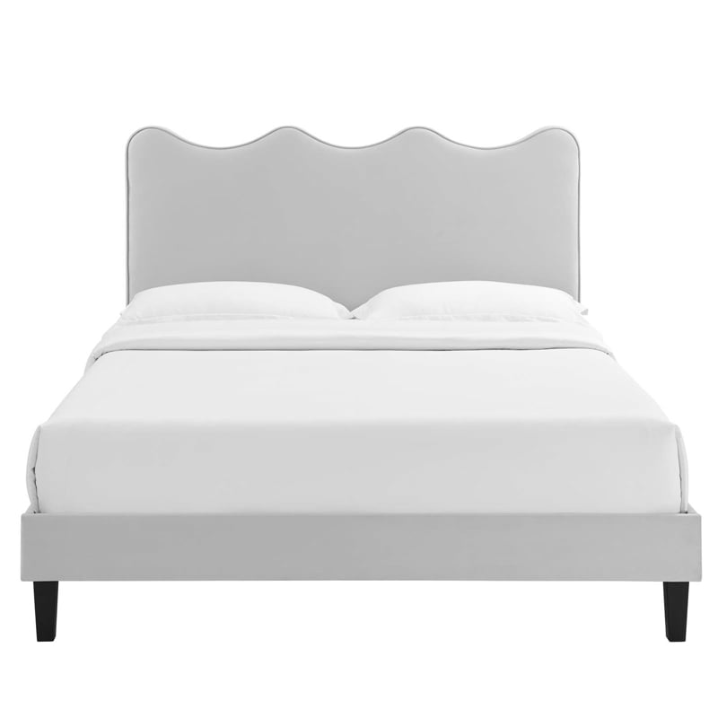 Pemberly Row Modern Velvet Twin Platform Bed in Light Gray