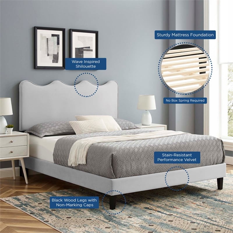Pemberly Row Modern Velvet Twin Platform Bed in Light Gray