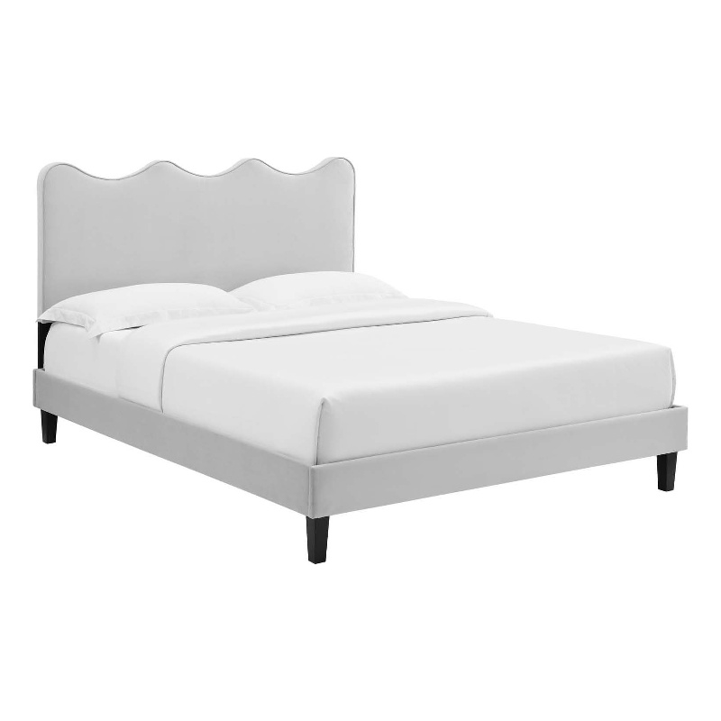 Pemberly Row Modern Velvet Twin Platform Bed in Light Gray
