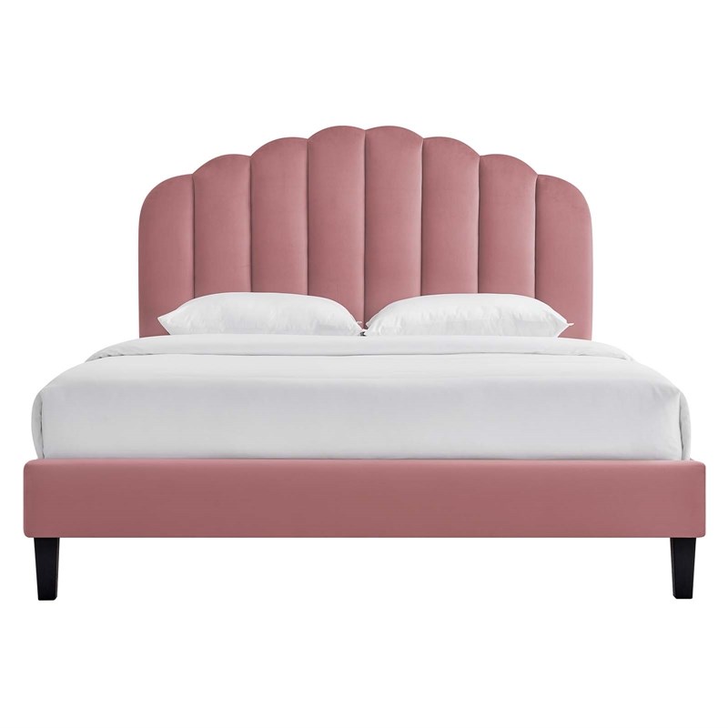 Pemberly Row Performance Velvet Upholstered Queen Platform Bed in Dusty Rose