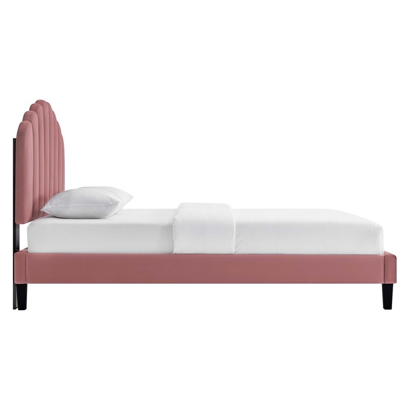 Pemberly Row Performance Velvet Upholstered Queen Platform Bed in Dusty Rose