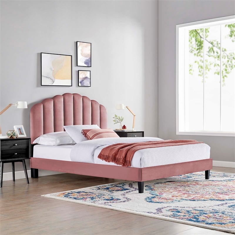 Pemberly Row Velvet Twin Platform Bed with Tufted Headboard in Dusty Rose