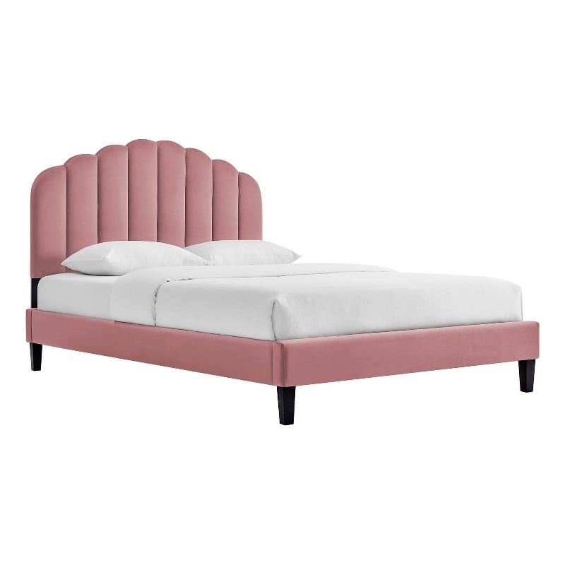 Pemberly Row Velvet Twin Platform Bed with Tufted Headboard in Dusty Rose