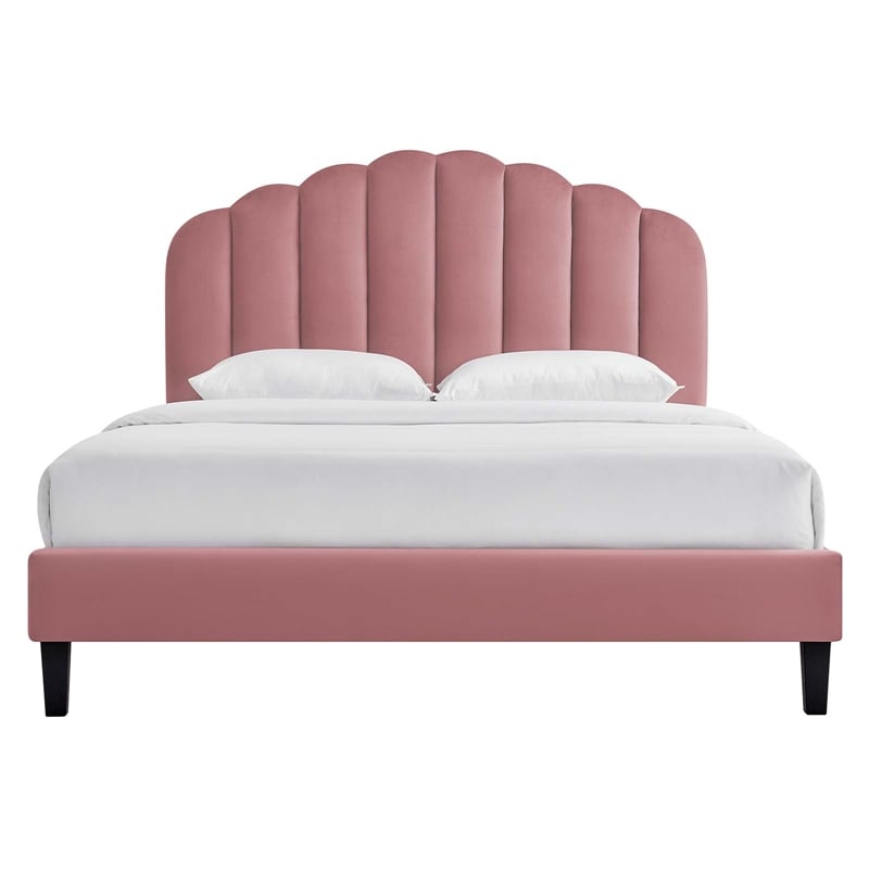 Pemberly Row Velvet Twin Platform Bed with Tufted Headboard in Dusty Rose