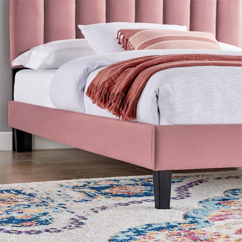 Pemberly Row Velvet Twin Platform Bed with Tufted Headboard in Dusty Rose