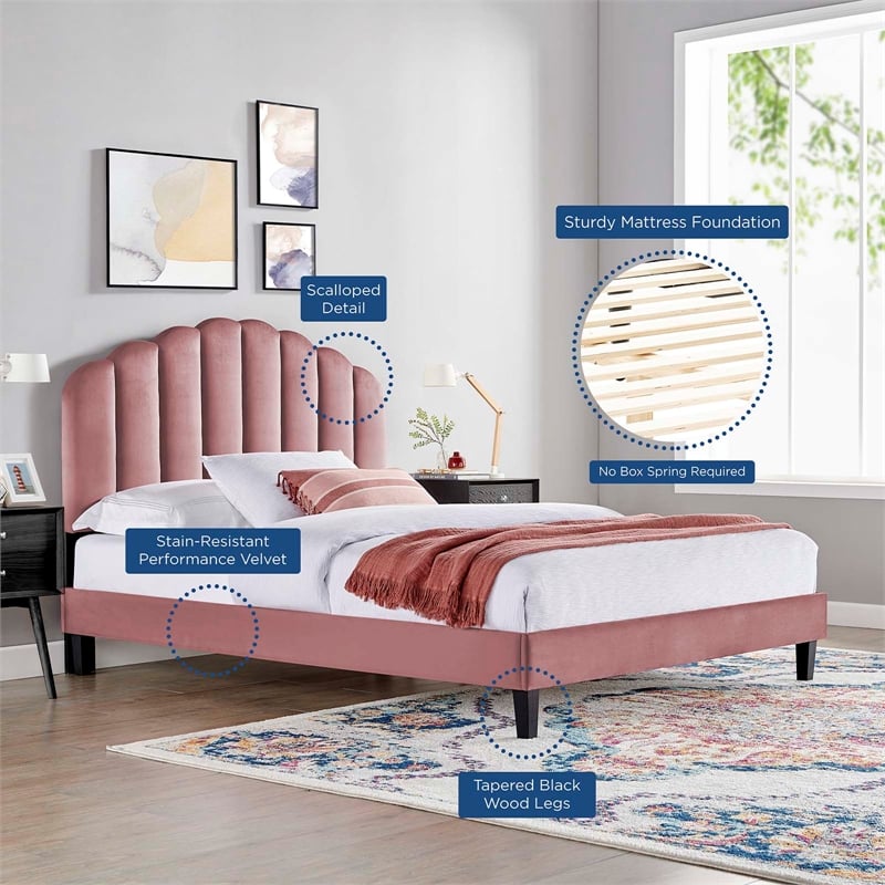 Pemberly Row Velvet Twin Platform Bed with Tufted Headboard in Dusty Rose