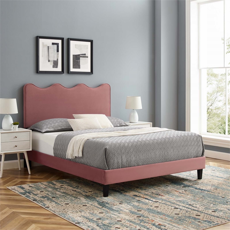 Pemberly Row Modern Performance Velvet Queen Platform Bed in Dusty Rose