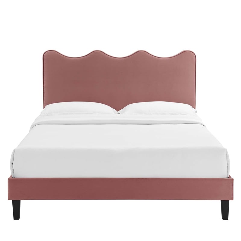 Pemberly Row Modern Performance Velvet Queen Platform Bed in Dusty Rose