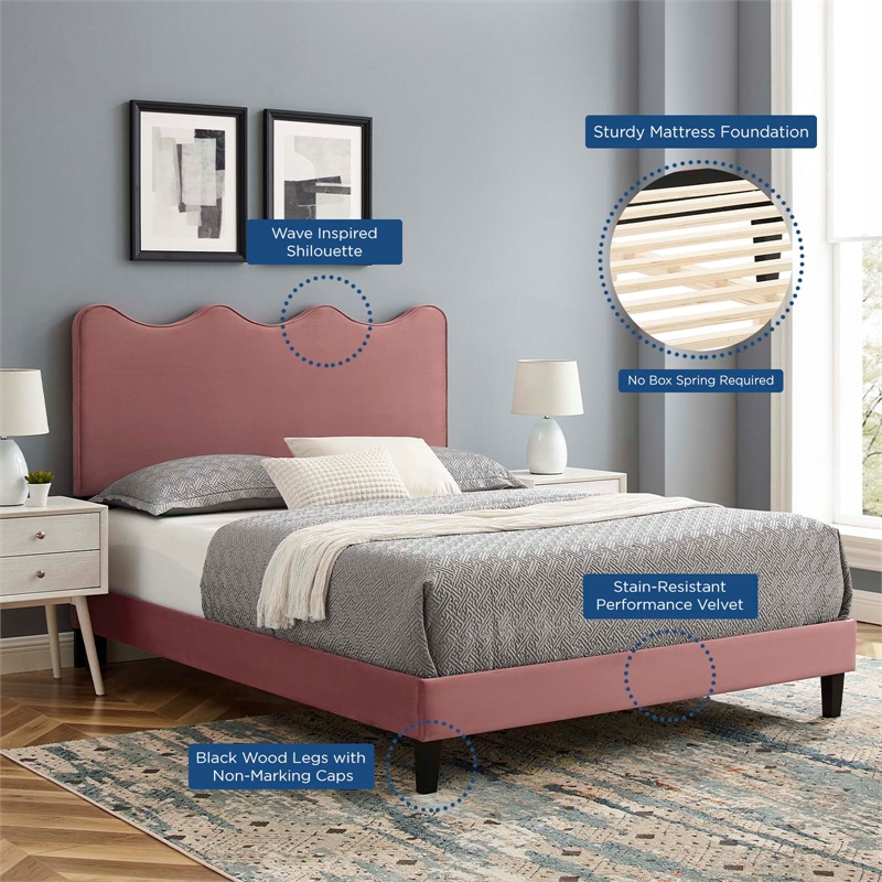 Pemberly Row Modern Performance Velvet Queen Platform Bed in Dusty Rose