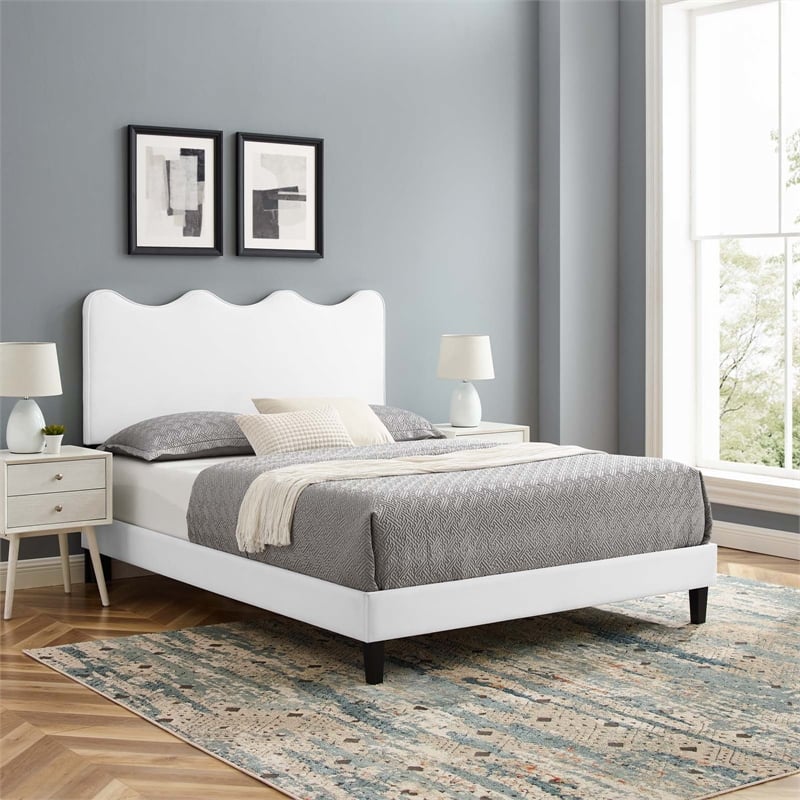 Pemberly Row Modern Performance Velvet Queen Platform Bed in White