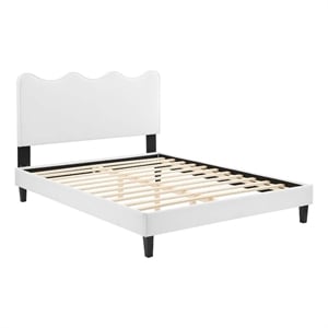 Pemberly Row Modern Performance Velvet Queen Platform Bed in White