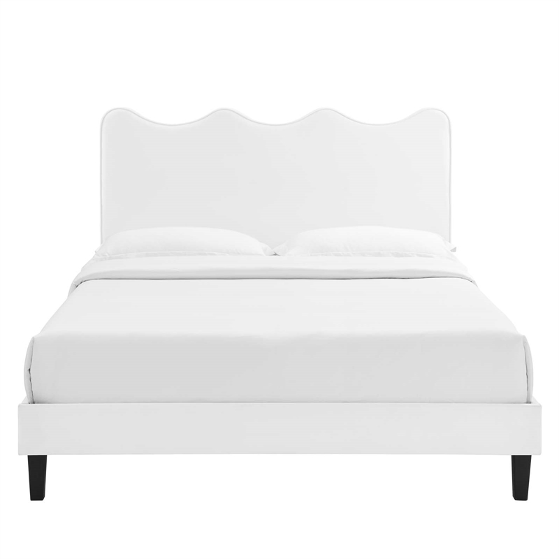 Pemberly Row Modern Performance Velvet Queen Platform Bed in White