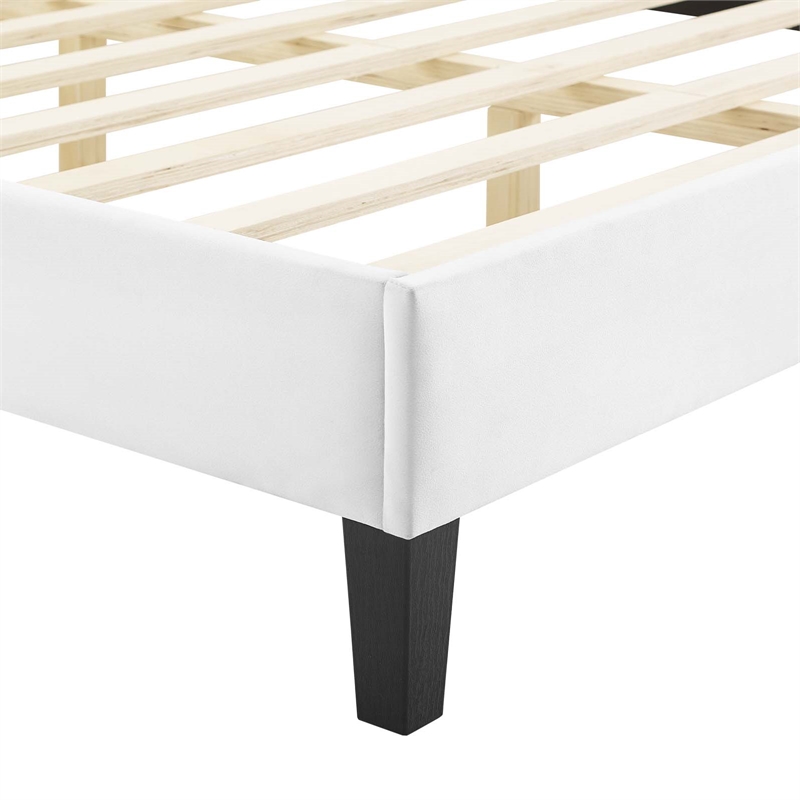 Pemberly Row Modern Performance Velvet Queen Platform Bed in White