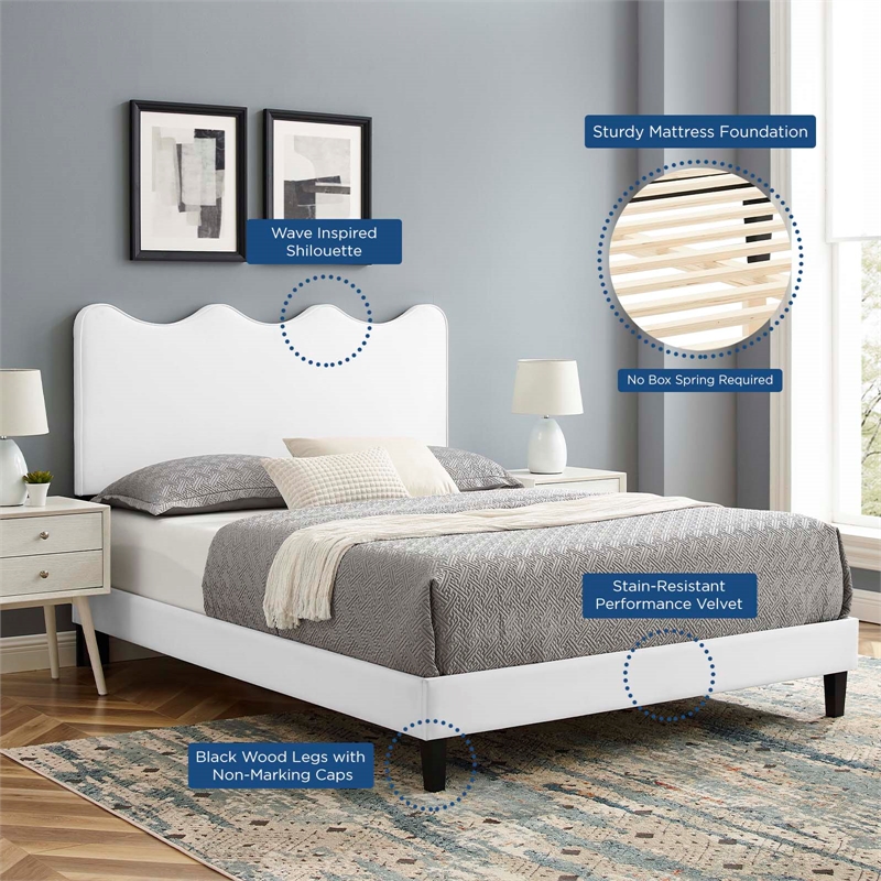 Pemberly Row Modern Performance Velvet Queen Platform Bed in White