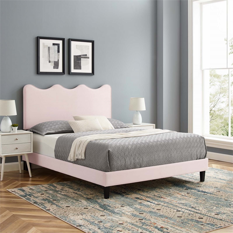 Pemberly Row Modern Performance Velvet Queen Platform Bed in Pink