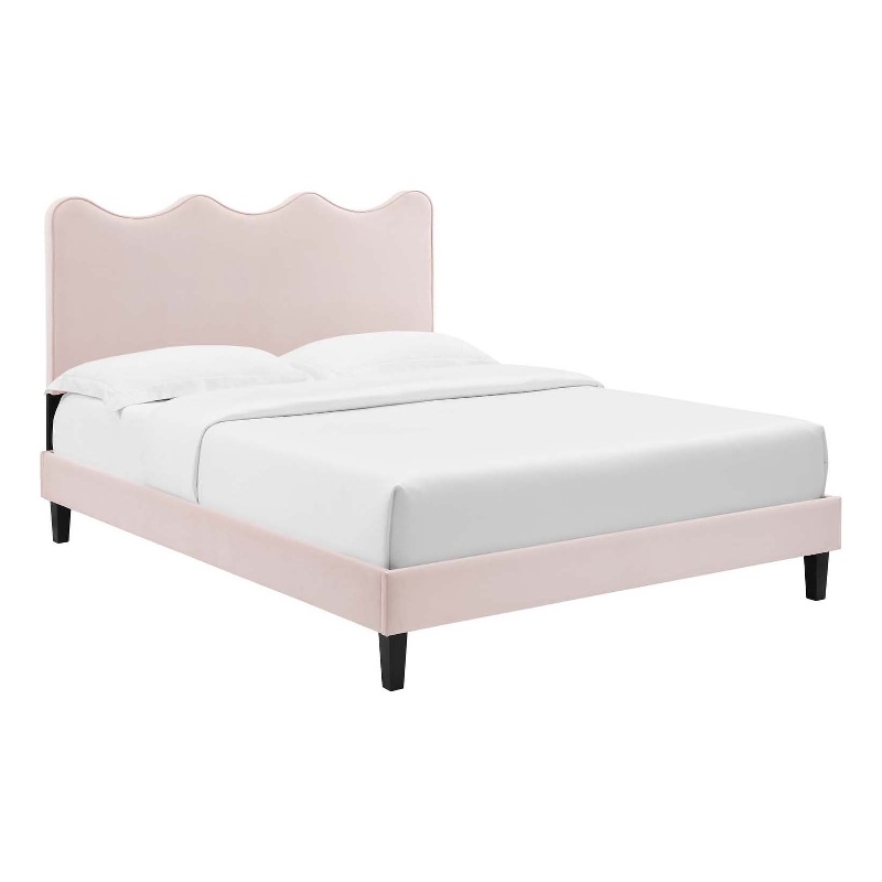 Pemberly Row Modern Performance Velvet Queen Platform Bed in Pink