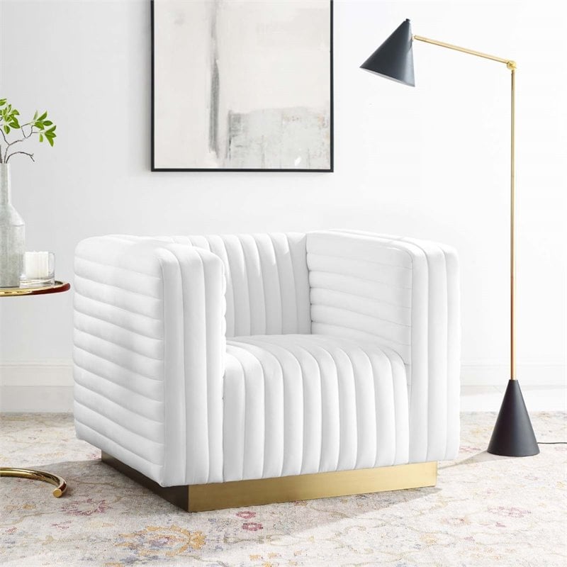 Pemberly Row Channel Tufted Performance Velvet Lounge Armchair in White