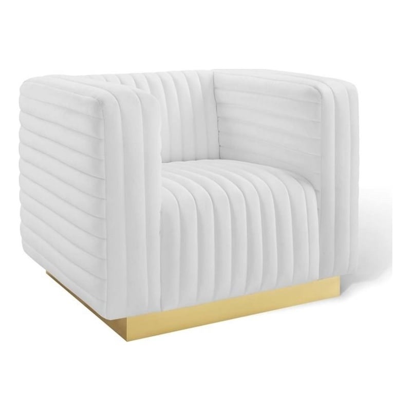 Pemberly Row Channel Tufted Performance Velvet Lounge Armchair in White
