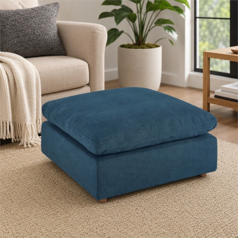 Pemberly Row Modern Fabric Ottoman in Azure with Linen Texture