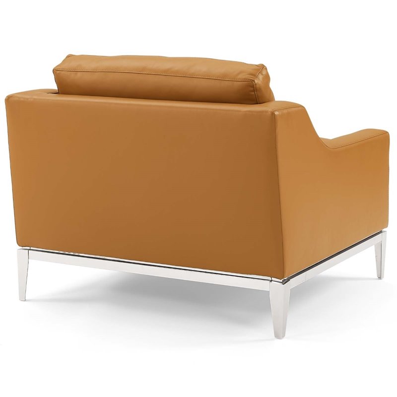 Pemberly Row Modern Leather Armchair in Tan with Stainless Steel Frame