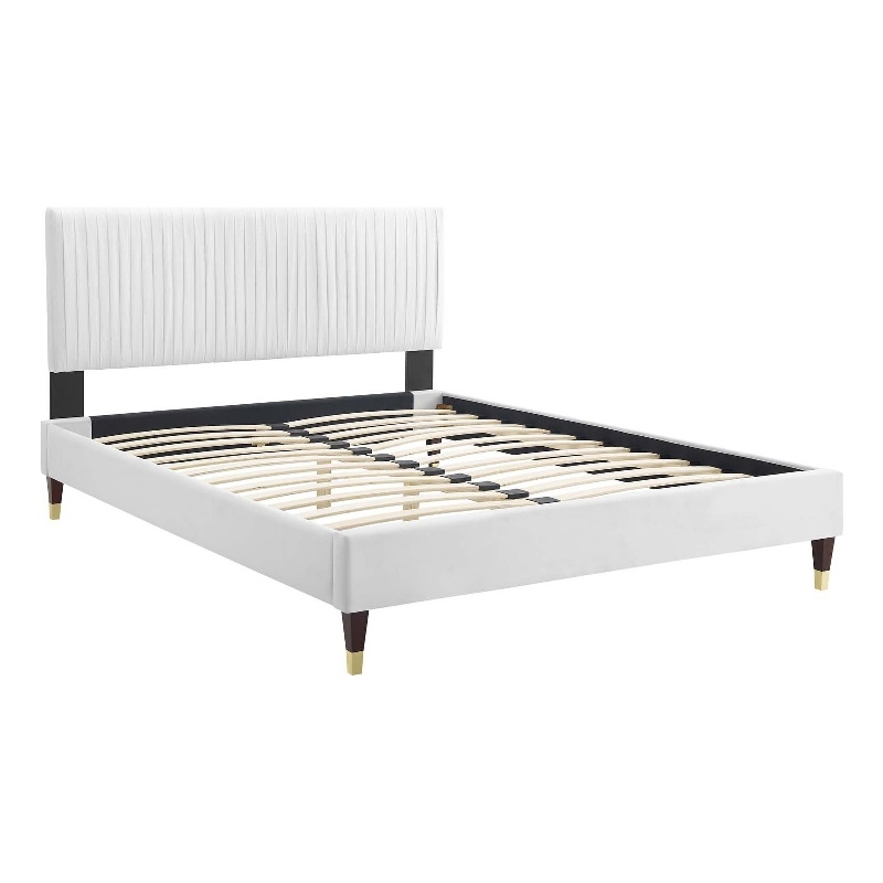 Pemberly Row Velvet Channel Tufted Full Platform Bed in White