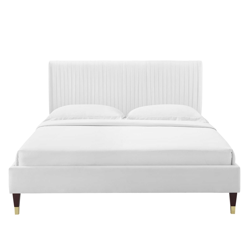 Pemberly Row Velvet Channel Tufted Full Platform Bed in White