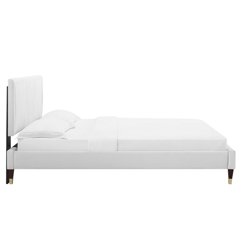 Pemberly Row Velvet Channel Tufted Full Platform Bed in White