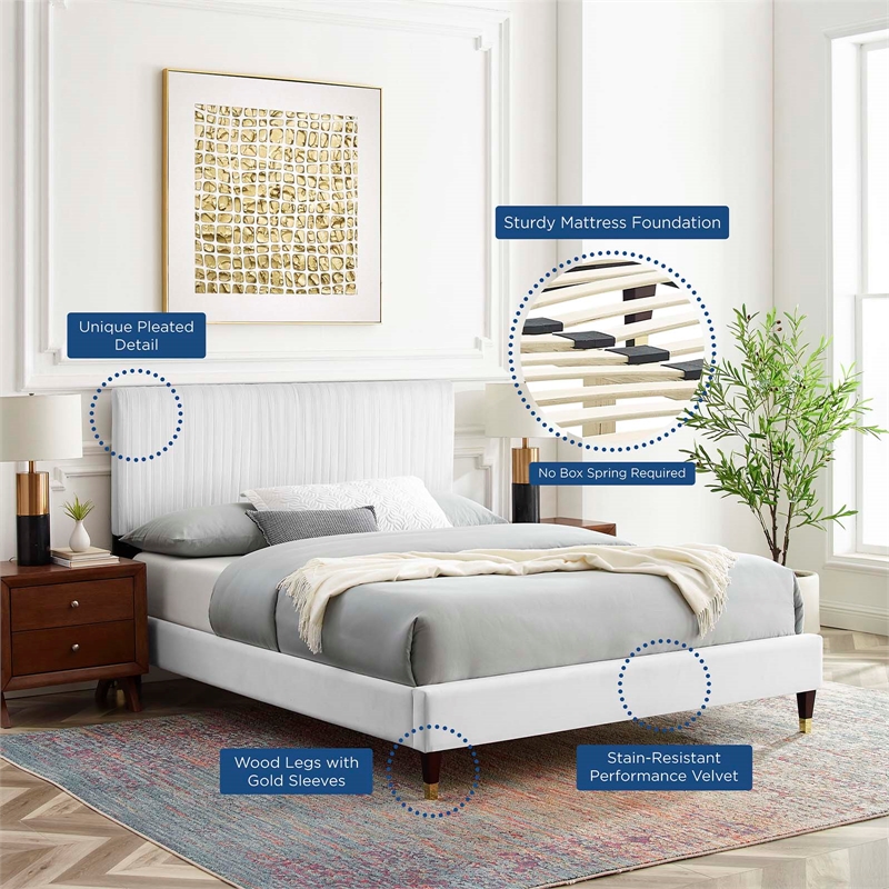 Pemberly Row Velvet Channel Tufted Full Platform Bed in White