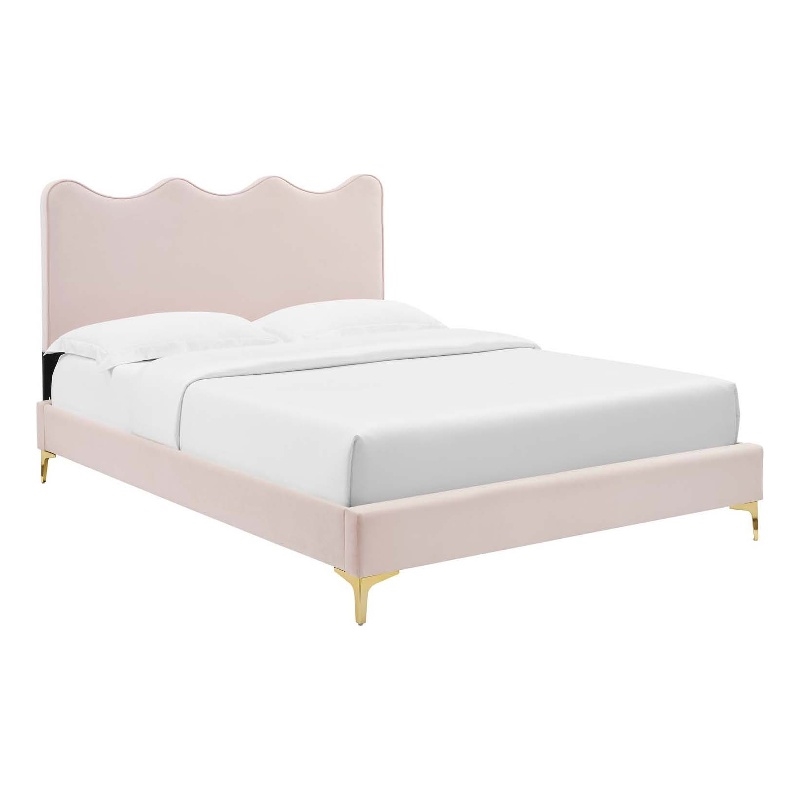Pemberly Row Velvet Full Platform Bed with Gold Legs in Pink