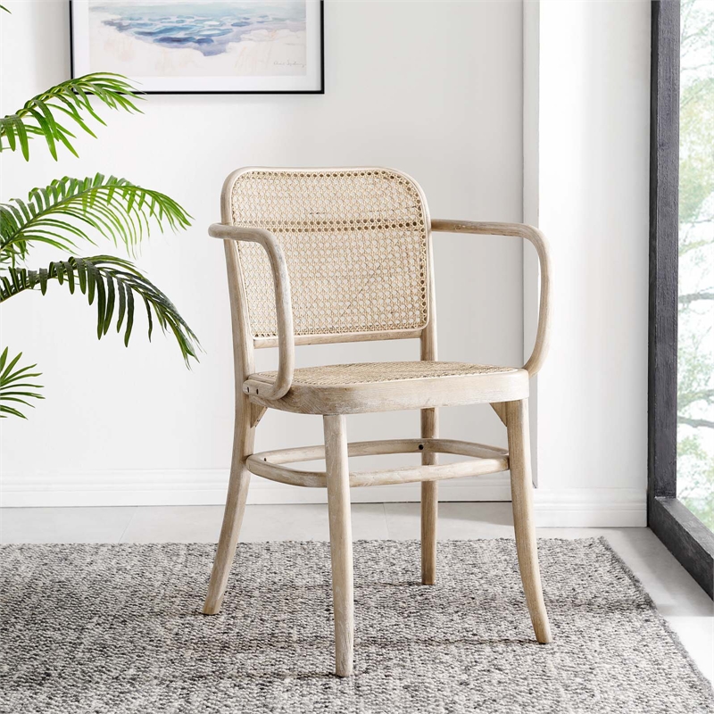 Pemberly Row Rattan Dining Chair with Elm Wood Frame in Gray/Natural
