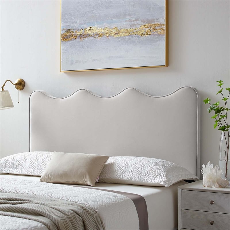 Pemberly Row Scalloped Twin Headboard in Light Gray Performance Velvet