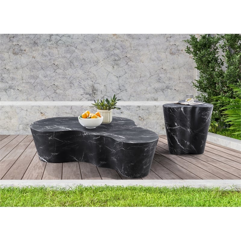 Pemberly Row Black Concrete Coffee Table with Marble Finish for Indoors/Outdoors