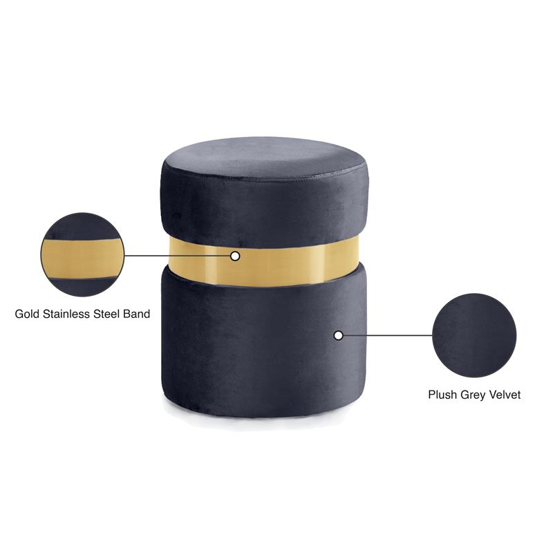 Pemberly Row Contemporary Gray Velvet Ottoman/Stool with Gold Steel Band