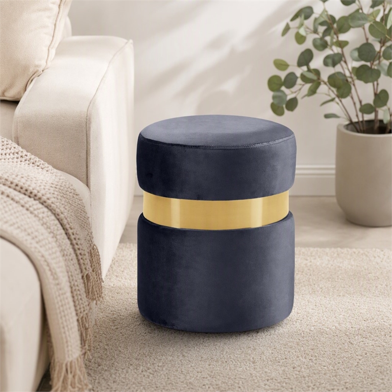 Pemberly Row Contemporary Gray Velvet Ottoman/Stool with Gold Steel Band