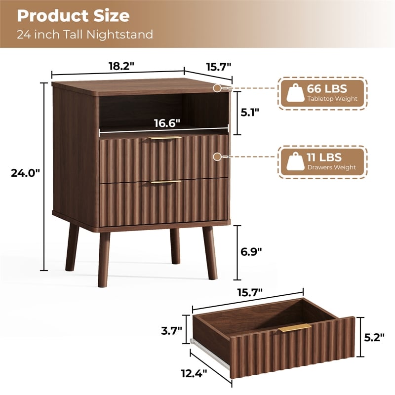 Pemberly Row Brown Fluted Nightstands Set of 2 with 2 Drawers