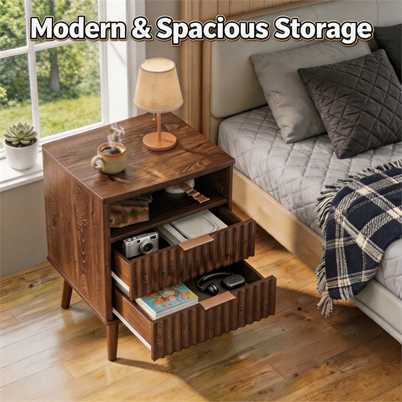 Pemberly Row Brown Fluted Nightstands Set of 2 with 2 Drawers