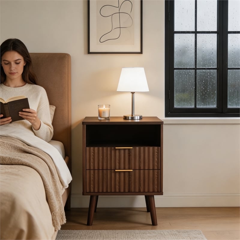 Pemberly Row Brown Fluted Nightstands Set of 2 with 2 Drawers