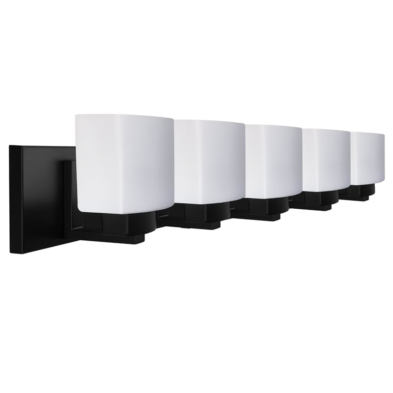 Pemberly Row Matte Black 5 Light Vanity Light with Frosted Glass Shades