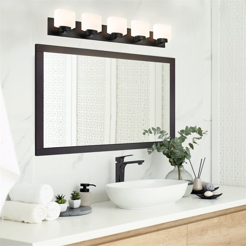Pemberly Row Matte Black 5 Light Vanity Light with Frosted Glass Shades