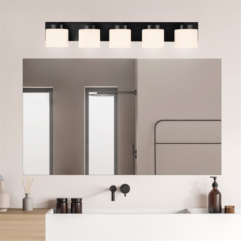 Pemberly Row Matte Black 5 Light Vanity Light with Frosted Glass Shades